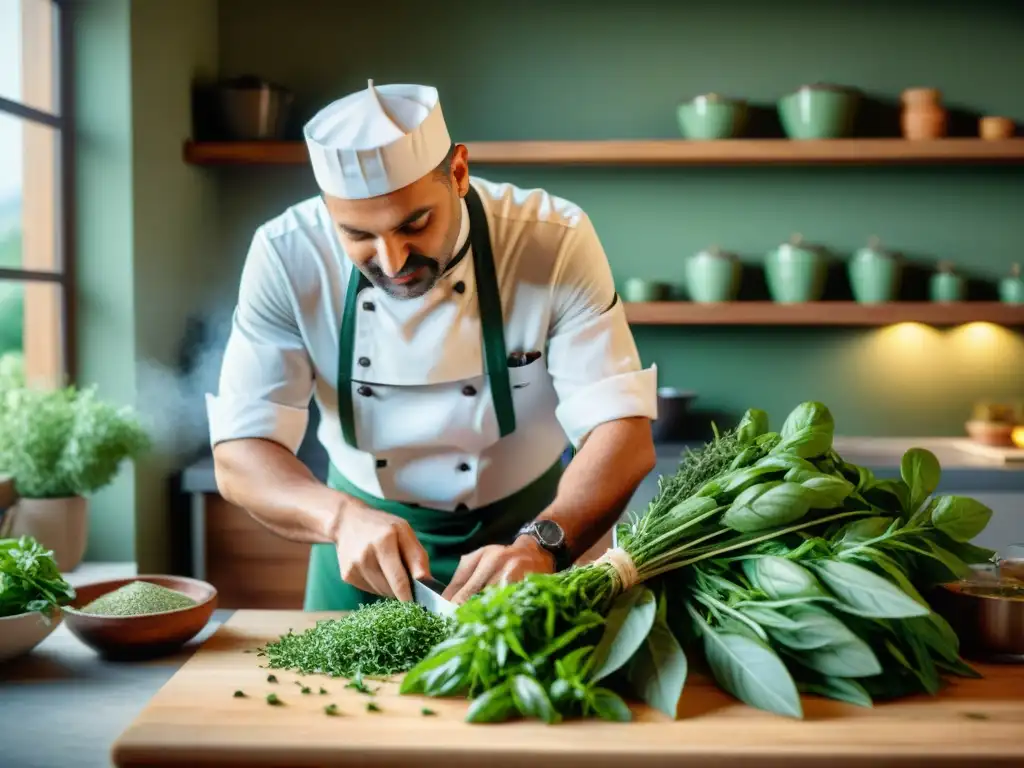 Un bullicioso y detallado retrato de una cocina italiana tradicional con hierbas frescas y secas, infundiendo aroma a la cocina italiana