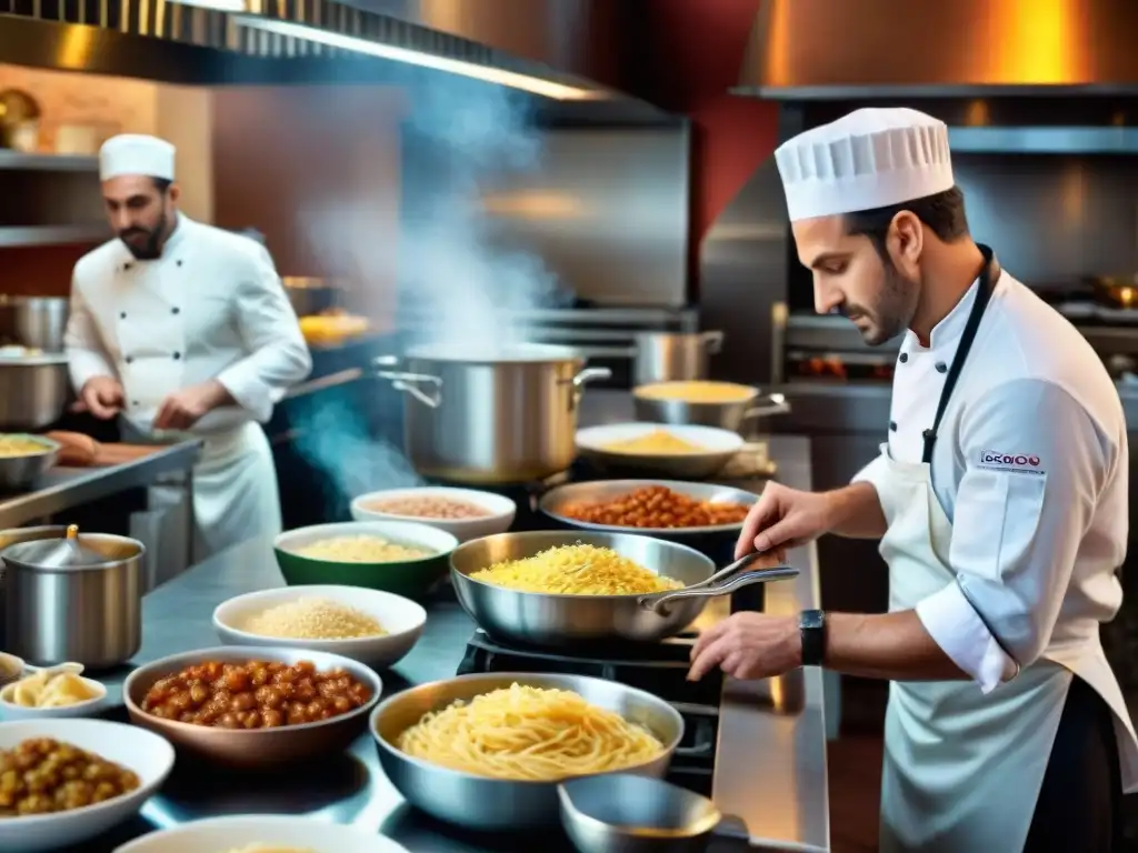 Un bullicioso y detallado retrato de una cocina italiana tradicional con el chef preparando platos icónicos de la cocina italiana regional