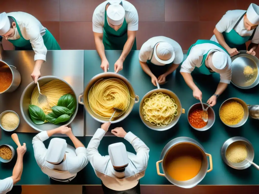 Un bullicioso y detallado retrato de una cocina italiana tradicional, con chefs expertos en técnicas culinarias italianas tradicionales revistas