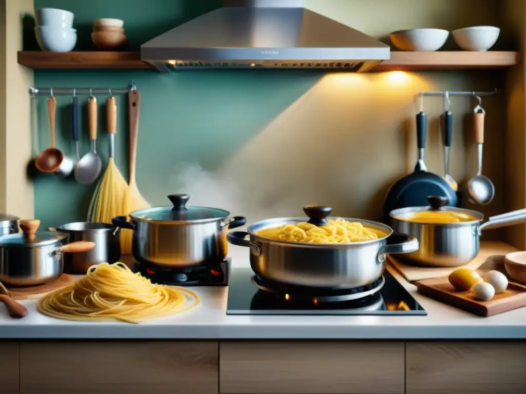 Un bullicioso y detallado retrato de una cocina italiana tradicional, con utensilios icónicos