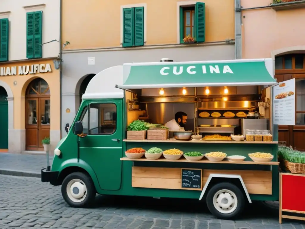 Un bullicioso escenario callejero en Italia con food truck italiano y cocinero preparando auténtica cocina callejera