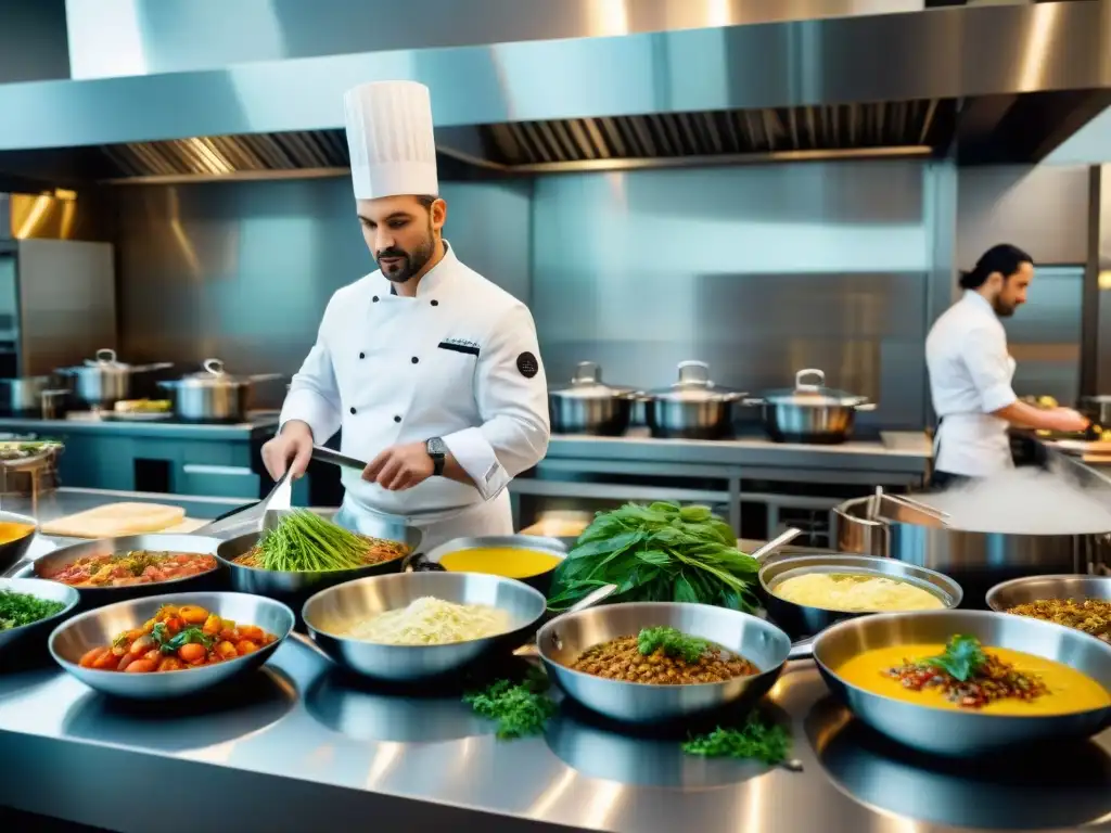 Un bullicioso escenario de una cocina italiana moderna, con chefs preparando platos tradicionales e innovadores con precisión y creatividad