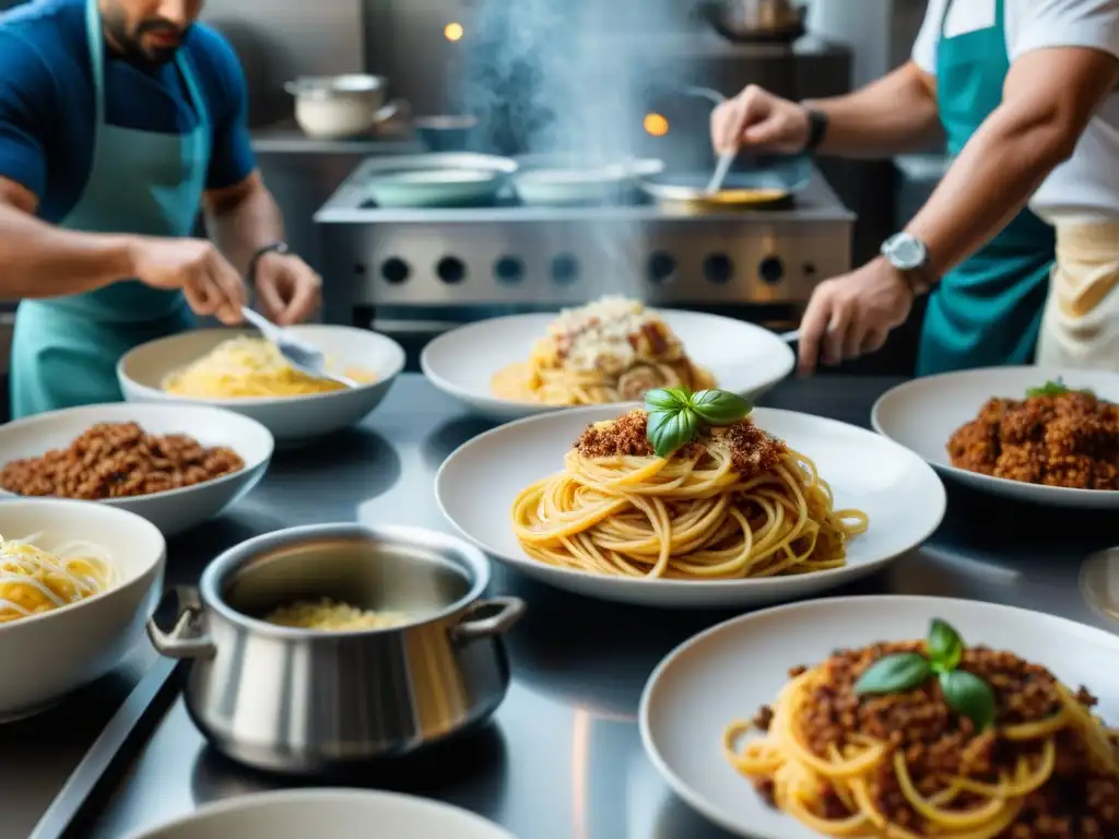 Un bullicioso escenario de una cocina italiana clásica donde se preparan platos icónicos de la famosa película, con detalles y pasión