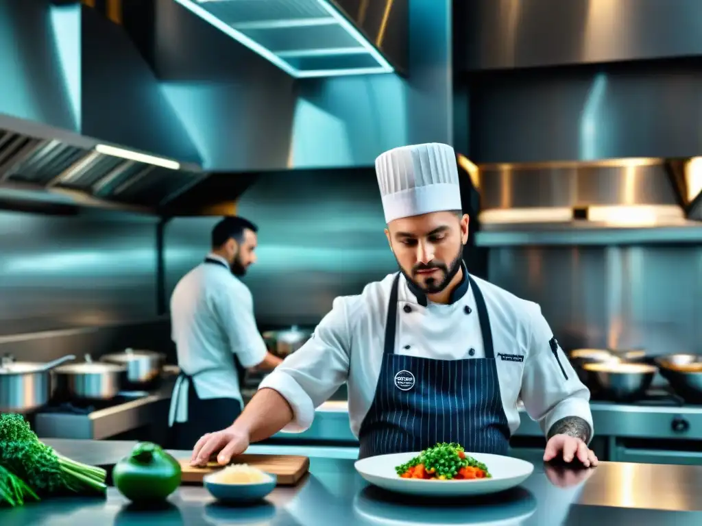 Un bullicioso escenario de cocina moderna donde chefs y personal utilizan apps para cocinar, fusionando tradición e innovación