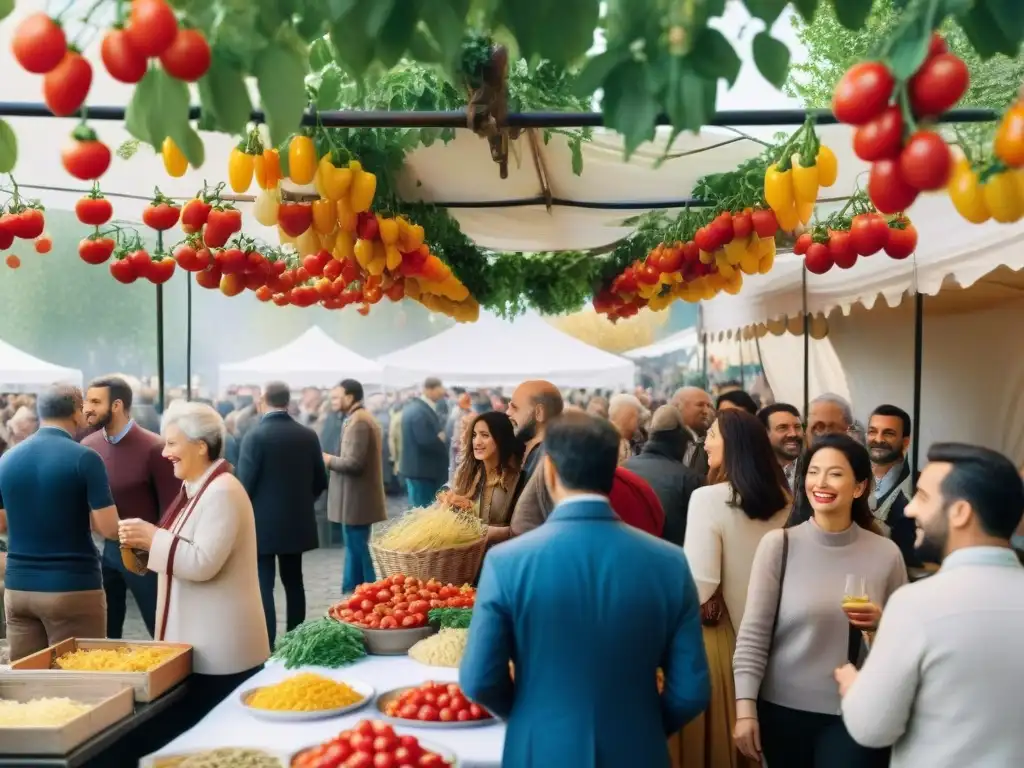 Un bullicioso festival de cocina italiana en primavera, con puestos de productos frescos y gente disfrutando de pasta y vino bajo cerezos en flor