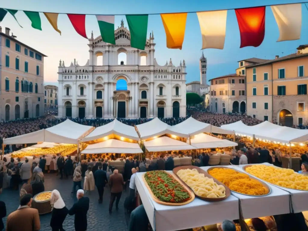 Un bullicioso festival de comida italiana con puestos coloridos vendiendo pasta, pizza y gelato