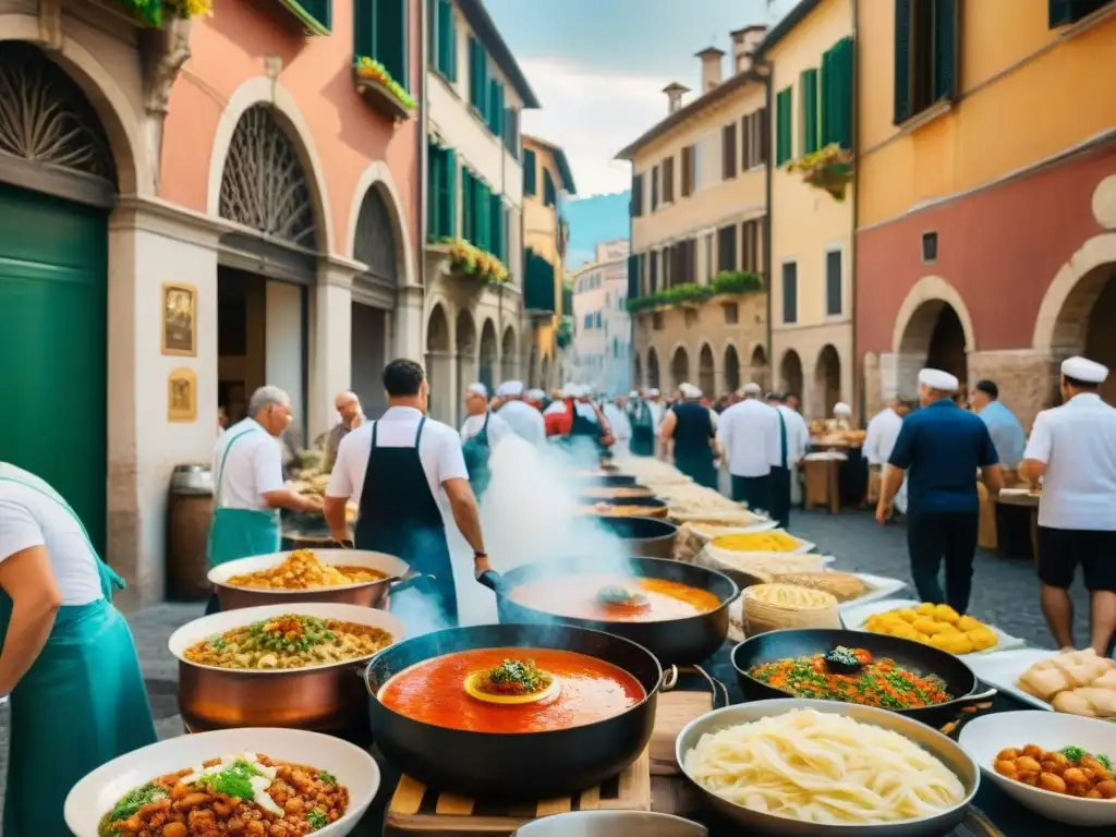 Un bullicioso festival gastronómico en Italia, con tradicionales platos y alegre ambiente de celebración