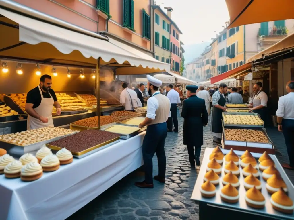 Un bullicioso festival de postres italianos con vibrantes puestos, delicias innovadoras y una atmósfera festiva de creatividad y tradición