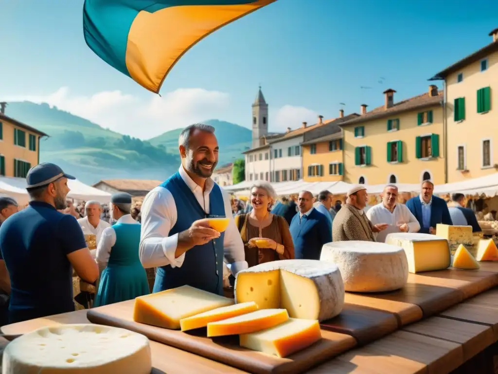 Un bullicioso festival de quesos en Italia con artesanos ofreciendo muestras