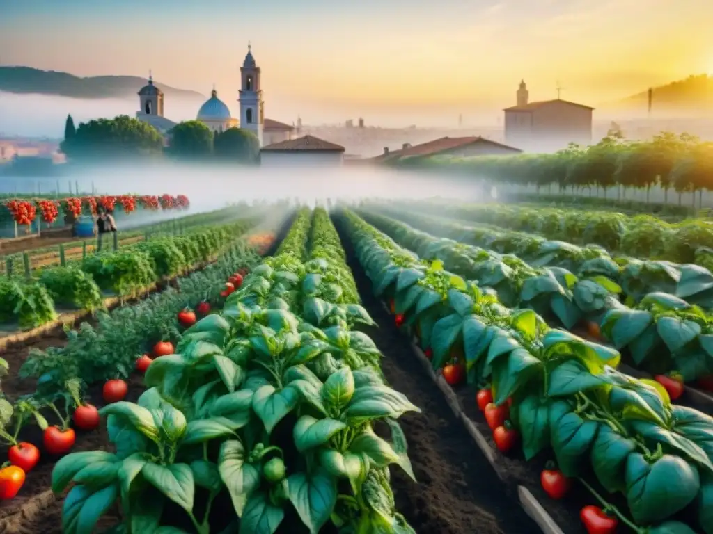 Un bullicioso huerto urbano italiano al atardecer con tomates, albahaca y pimientos, reflejando la conexión a la tierra y la cocina italiana