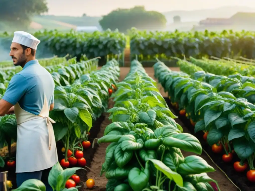 Un bullicioso huerto urbano italiano con chefs cosechando ingredientes frescos