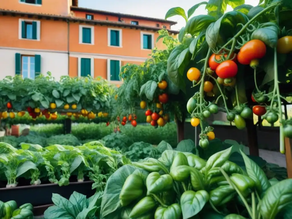 Un bullicioso huerto urbano en Italia con tomates vibrantes, albahaca fragante y pimientos coloridos