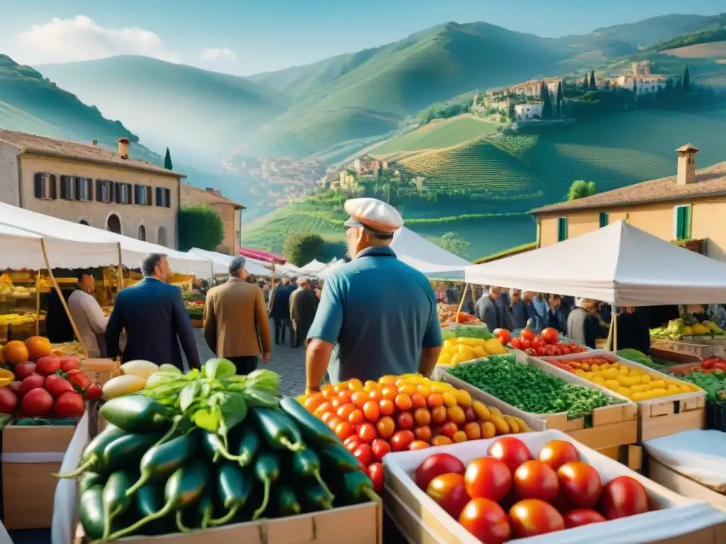 Un bullicioso mercado de agricultores italiano, con productos frescos y coloridos bajo el sol