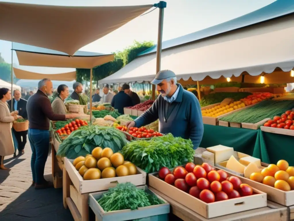 Un bullicioso mercado de agricultores en Italia, con productos locales y conexión comunitaria