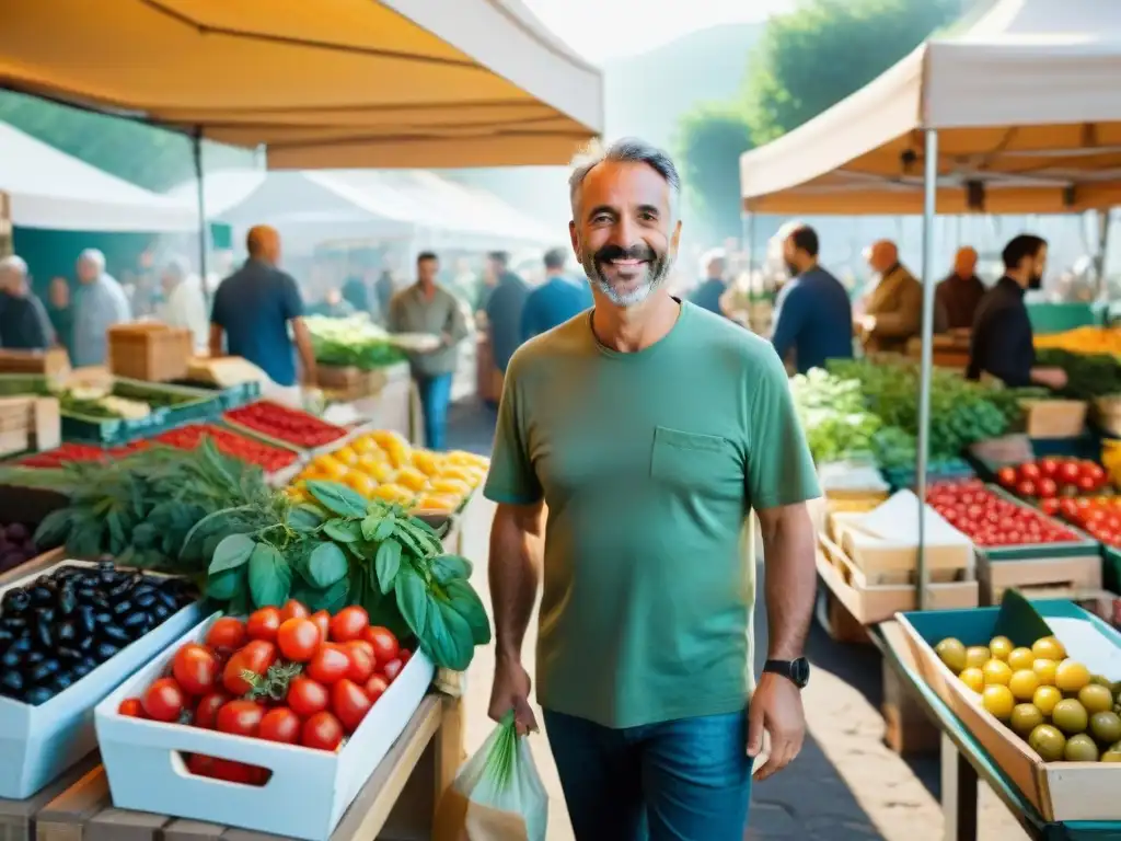 Un bullicioso mercado de agricultores en Italia con productos frescos y coloridos, donde los locales disfrutan del ambiente bajo el sol mediterráneo