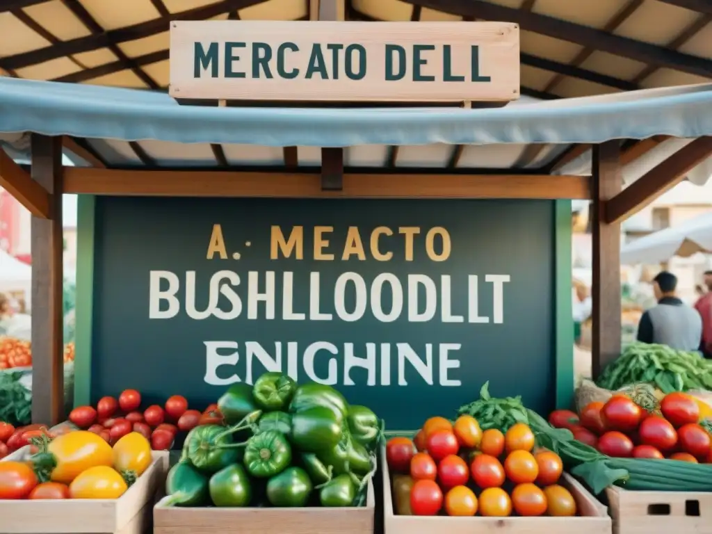 Un bullicioso mercado de agricultores en Italia con productos frescos y coloridos, evocando la esencia de la cocina italiana sostenible