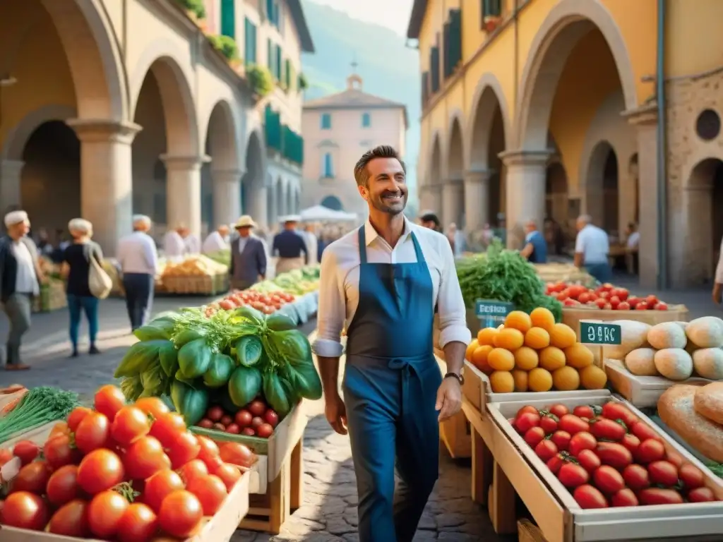 Un bullicioso mercado de agricultores en Italia con productos frescos y coloridos