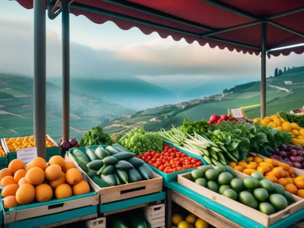 Un bullicioso mercado de agricultores en Italia, con vegetales y frutas frescas y coloridas, vendedores locales y paisajes tradicionales italianos