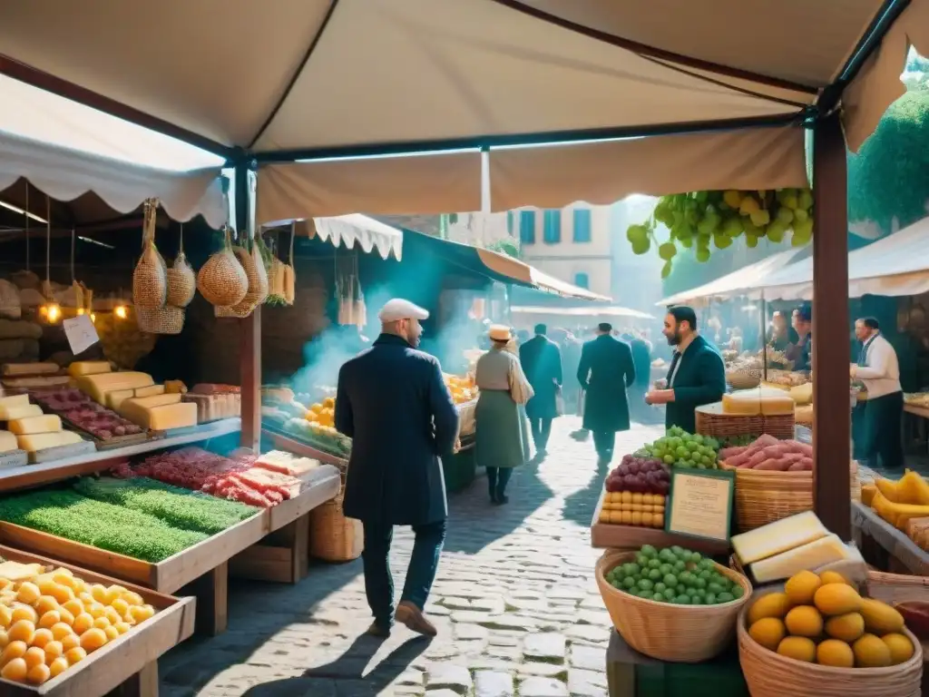 Explorando un bullicioso mercado al aire libre en la Toscana, Italia, con productos frescos y locales bajo la luz del sol