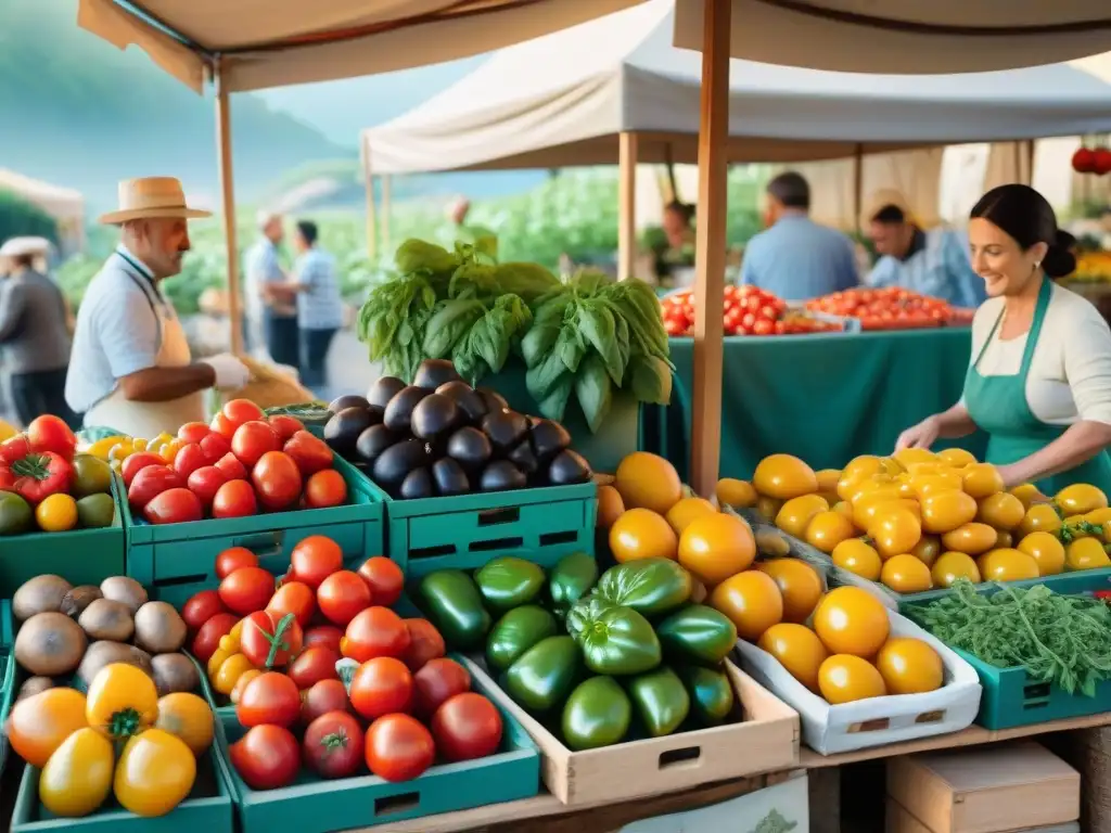 Un bullicioso mercado al aire libre en el norte de Italia con productos frescos y una nonna seleccionando ingredientes