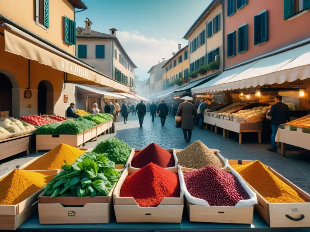 Un bullicioso mercado al aire libre en Emilia Romaña, Italia, con Bomba di riso y delicias culinarias italianas