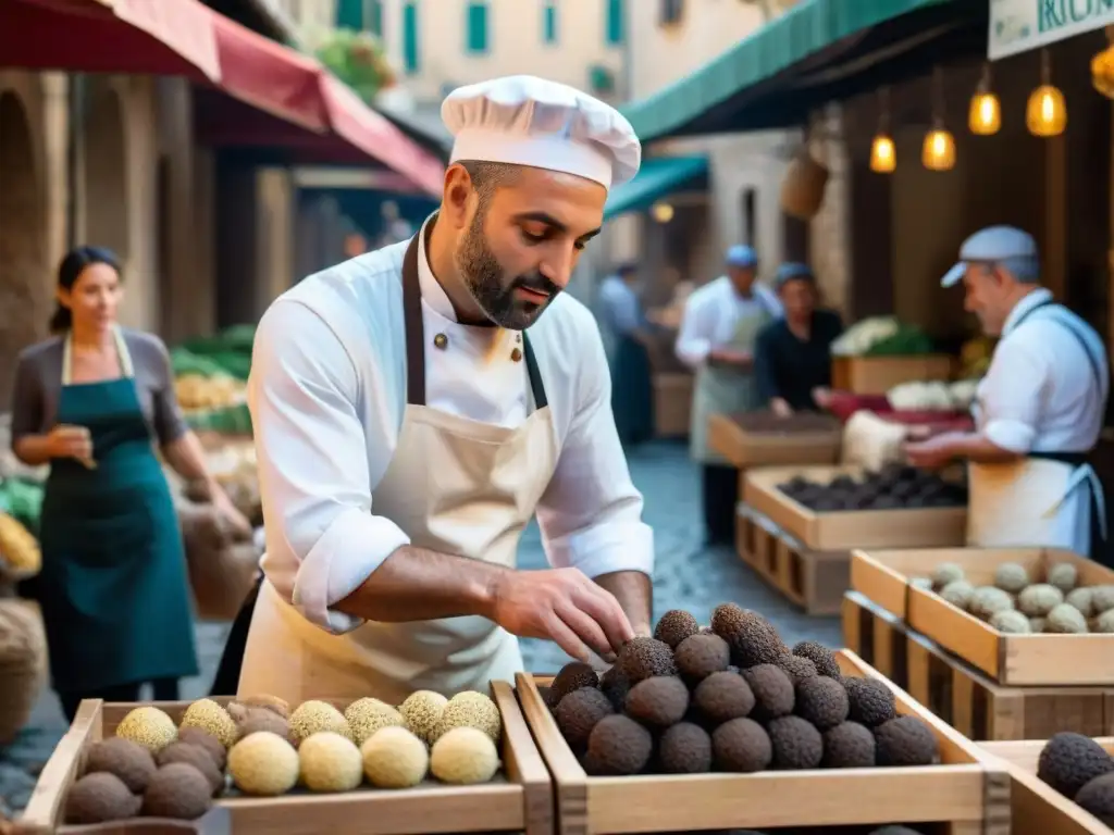 Un bullicioso mercado al aire libre en Umbria, Italia, con exquisitas trufas exhibidas en cajas y mesas de madera