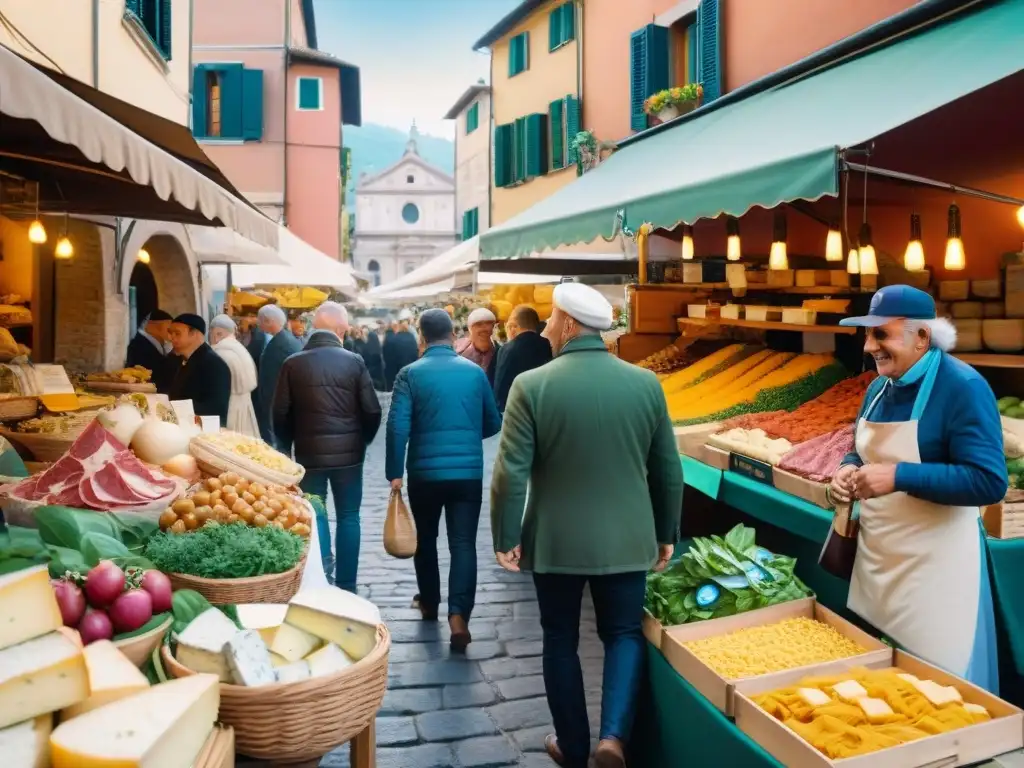 Un bullicioso mercado al aire libre italiano con puestos coloridos rebosantes de productos frescos, quesos artesanales, pasta casera y una variedad de embutidos