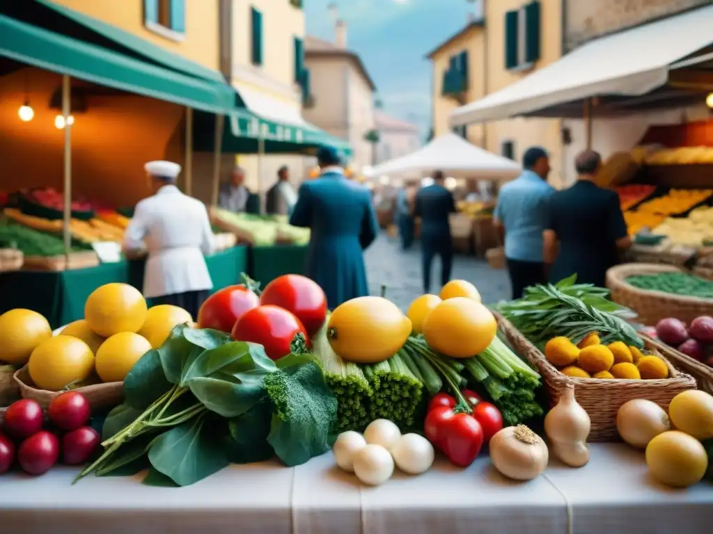 Un bullicioso mercado al aire libre en Italia, con una variedad vibrante de productos frescos, especias coloridas y delicias locales