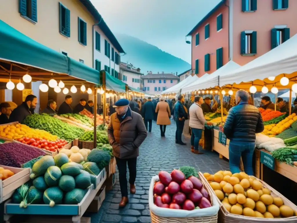 Bullicioso mercado al aire libre en el norte de Italia con cocina vegetariana norte Italia