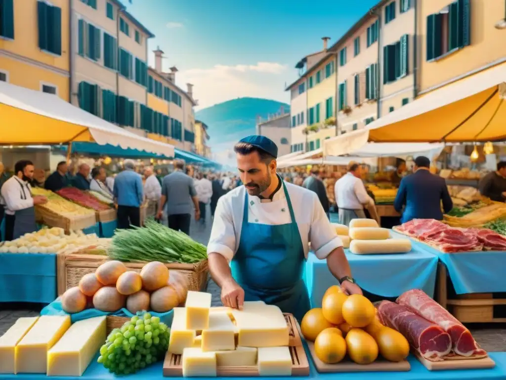 Un bullicioso mercado de alimentos en Italia, con productos frescos y coloridos, quesos artesanales, embutidos y pastas caseras