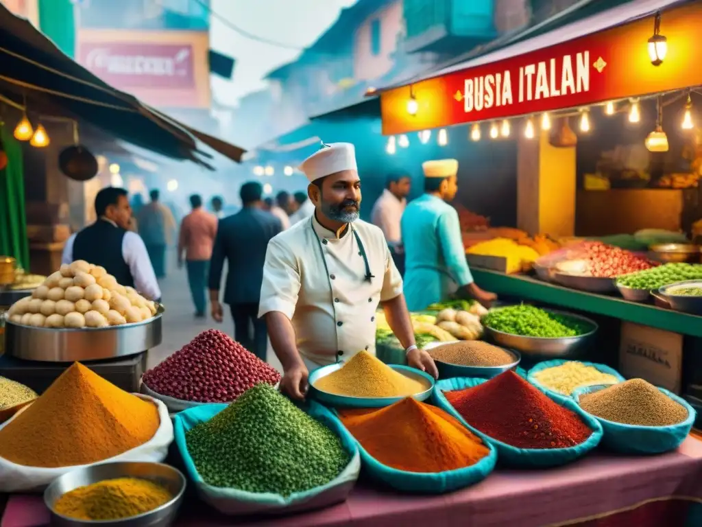 Un bullicioso mercado callejero en la India con colores vibrantes y una variedad de especias, verduras e ingredientes en exhibición