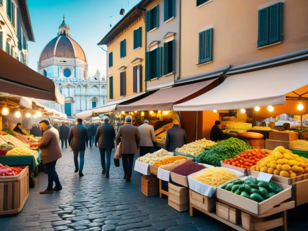 Un bullicioso mercado callejero en Italia, con puestos de colores y productos frescos, bajo la luz dorada y la torre de una catedral histórica