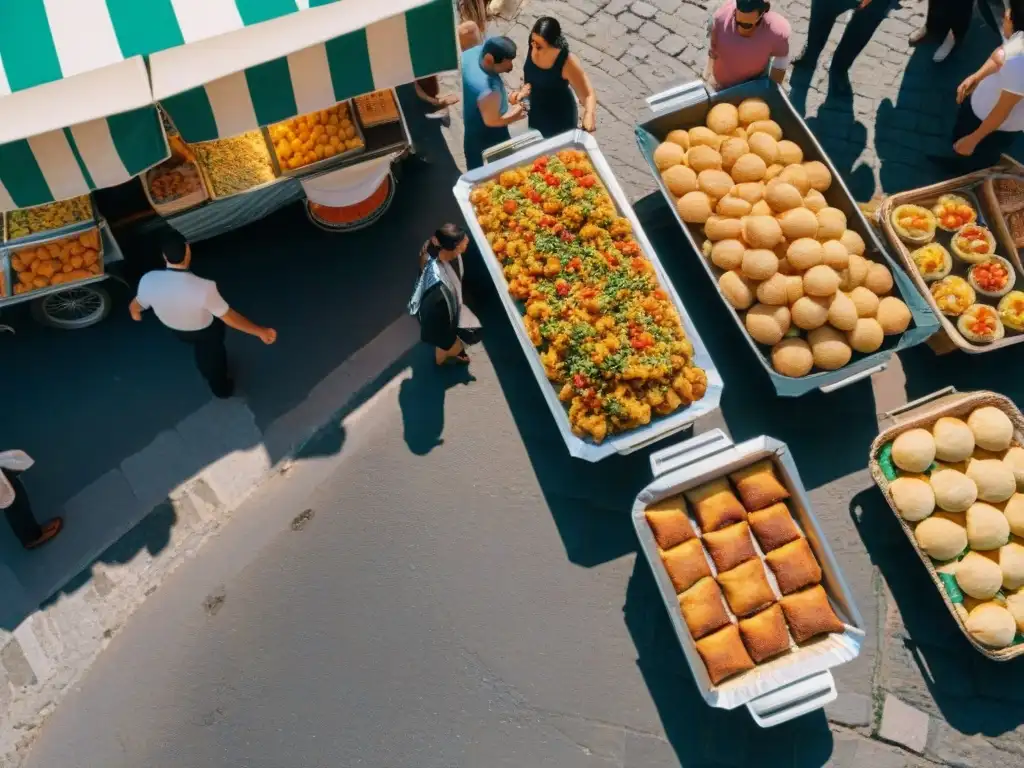 Un bullicioso mercado callejero en Campania, Italia, con puestos de comida coloridos ofreciendo tentación callejera calzoni fritti