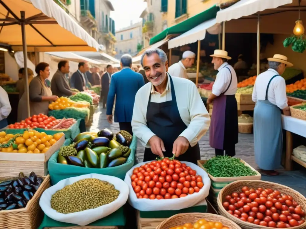 Un bullicioso mercado callejero siciliano rebosante de productos frescos y coloridos