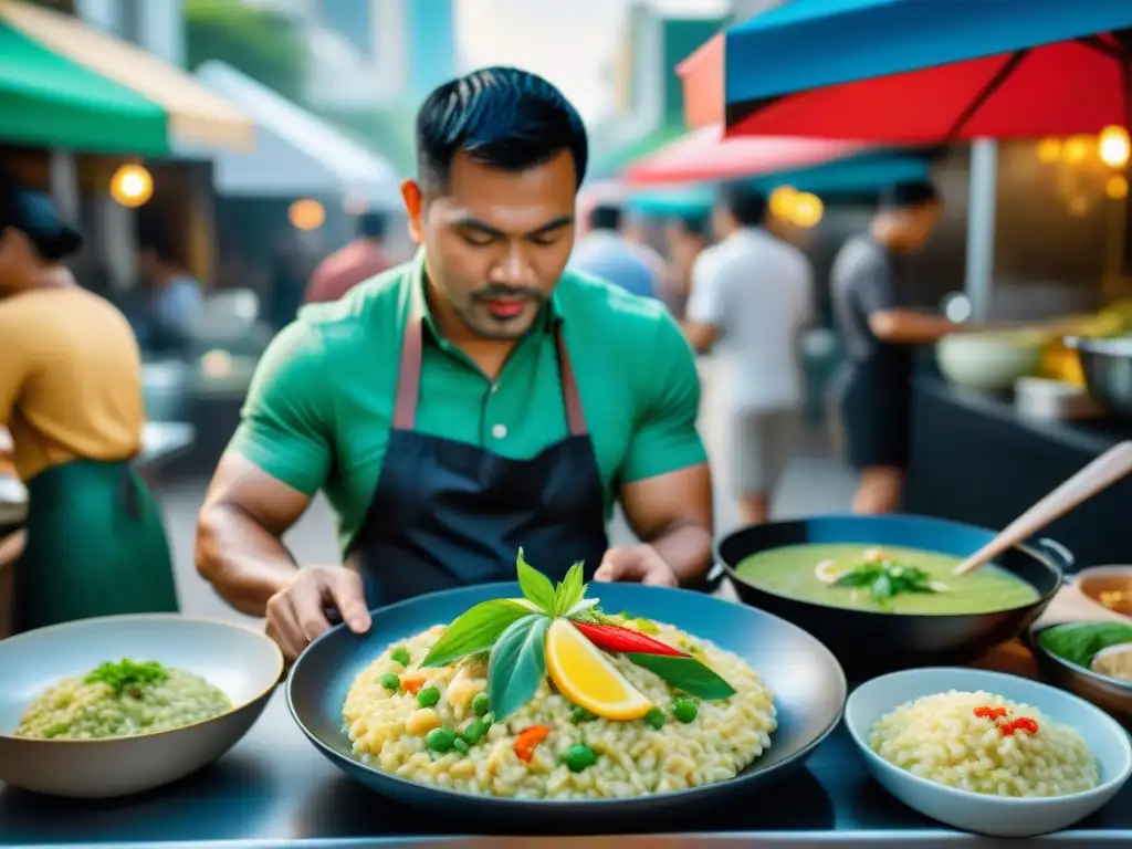 Un bullicioso mercado callejero tailandés con puestos de risotto tradicional e internacional, clientes diversos y un chef preparando curry verde