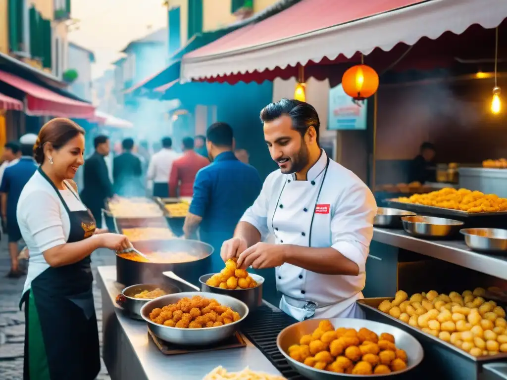 Un bullicioso mercado callejero en Campania, Italia, donde se preparan y venden tentadores calzoni fritti dorados