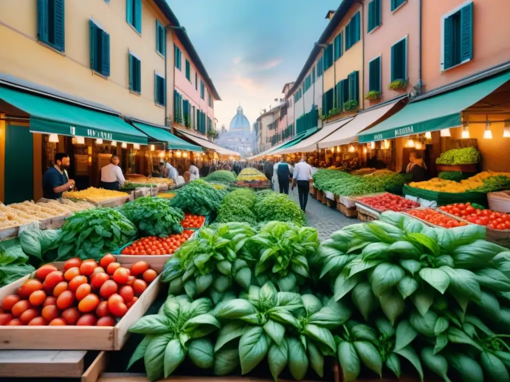 Un bullicioso mercado en una ciudad italiana, con coloridos puestos rebosantes de productos frescos