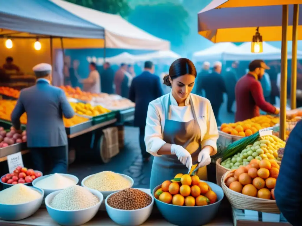 En un bullicioso mercado francés, se exhiben orgullosamente naranjas vibrantes y especias fragantes, mientras chefs italianos preparan risotto cremoso