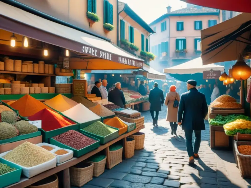 Un bullicioso mercado de hierbas y especias italianas tradicionales en una plaza de encanto