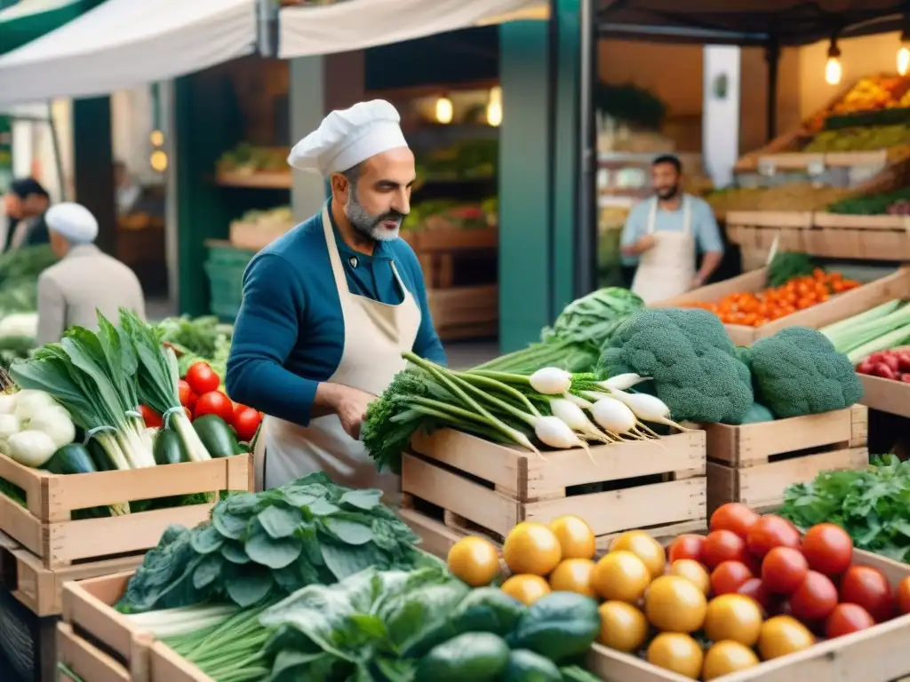 Un bullicioso mercado italiano al aire libre, con coloridas verduras y hierbas frescas en cajas de madera bajo la suave luz del sol matutino