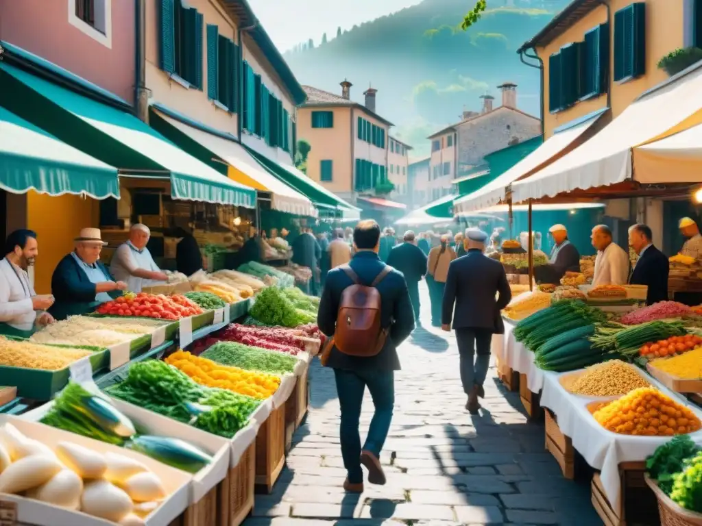 Un bullicioso mercado italiano al aire libre con productos frescos y artesanos de pasta, junto a la arquitectura histórica