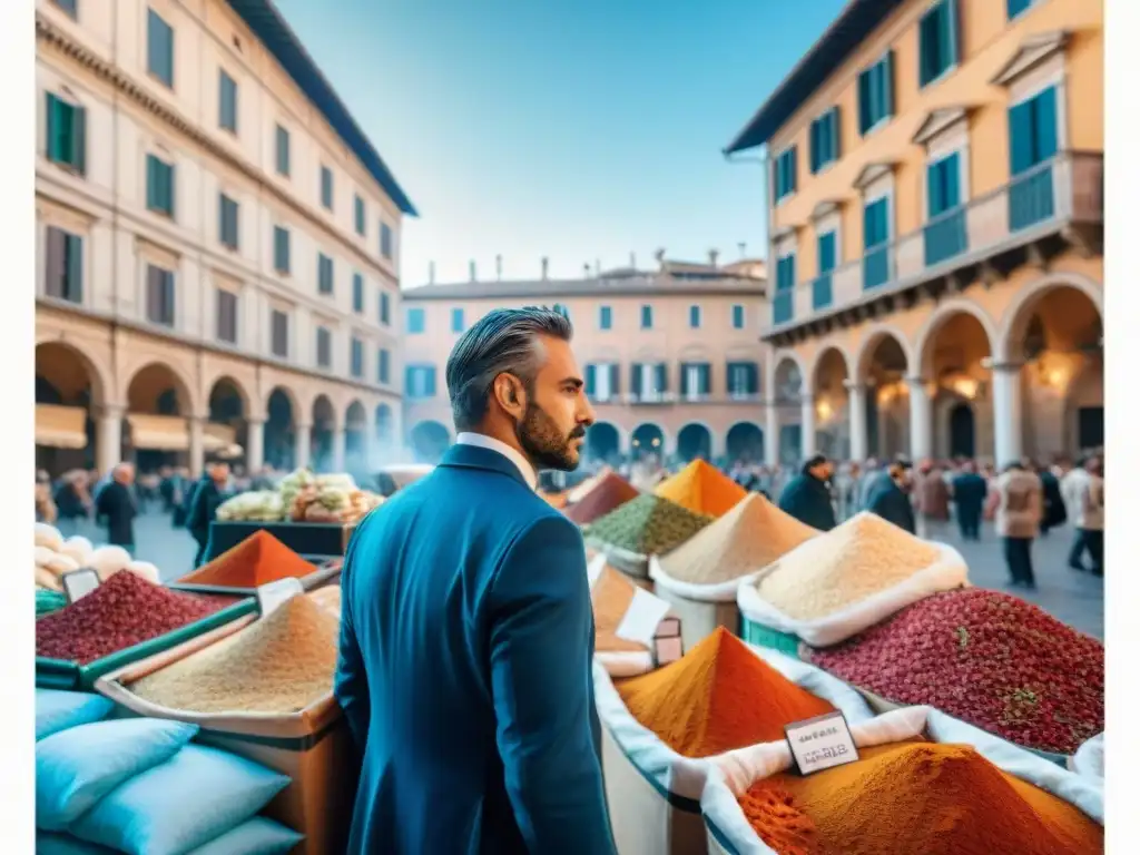 Un bullicioso mercado italiano antiguo lleno de especias exóticas, comerciantes y arquitectura romana bajo un cielo azul