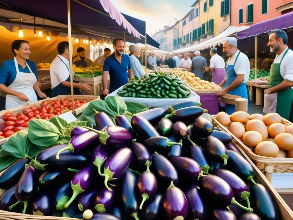 Un bullicioso mercado italiano con berenjenas frescas en diferentes formas y tamaños