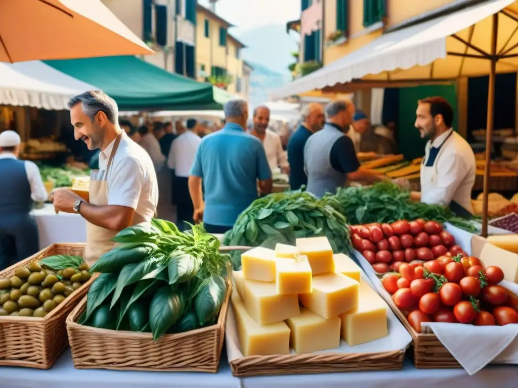 Un bullicioso mercado italiano con chefs famosos seleccionando ingredientes para recetas italianas