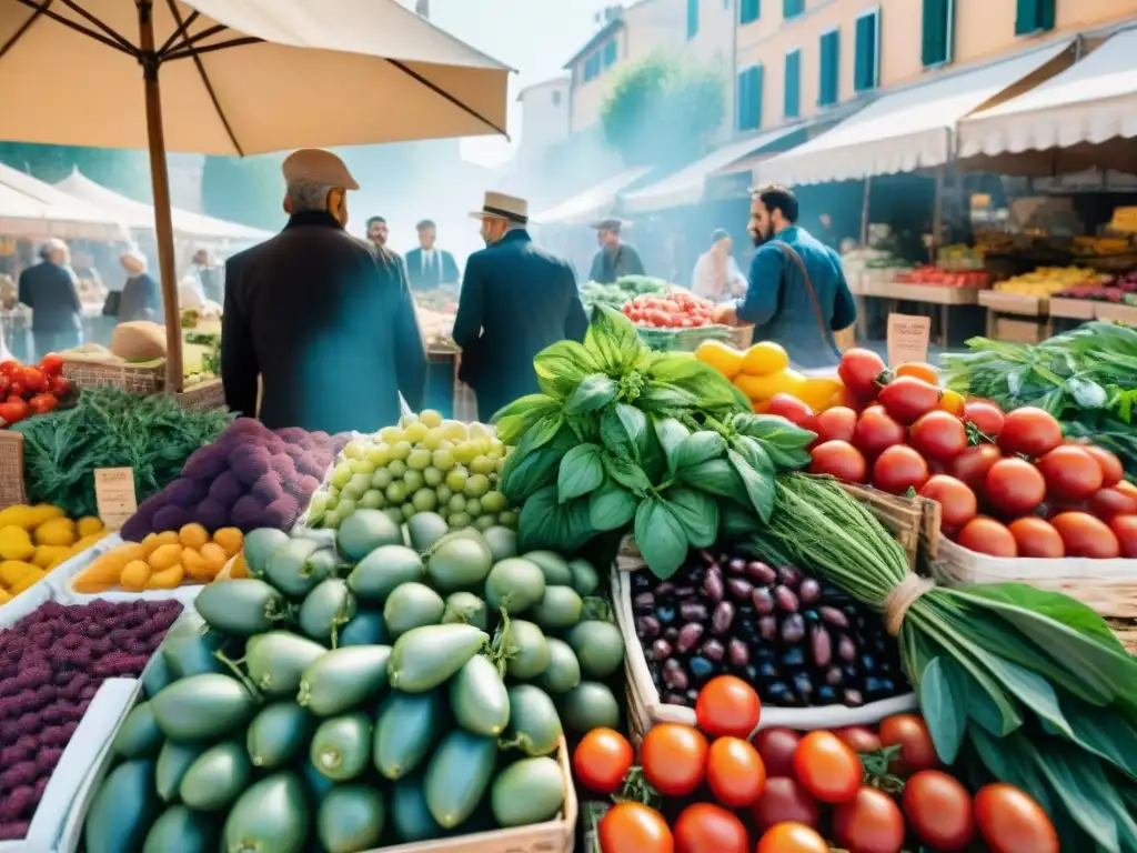 Un bullicioso mercado italiano con coloridas frutas, verduras y hierbas bajo el cálido sol mediterráneo