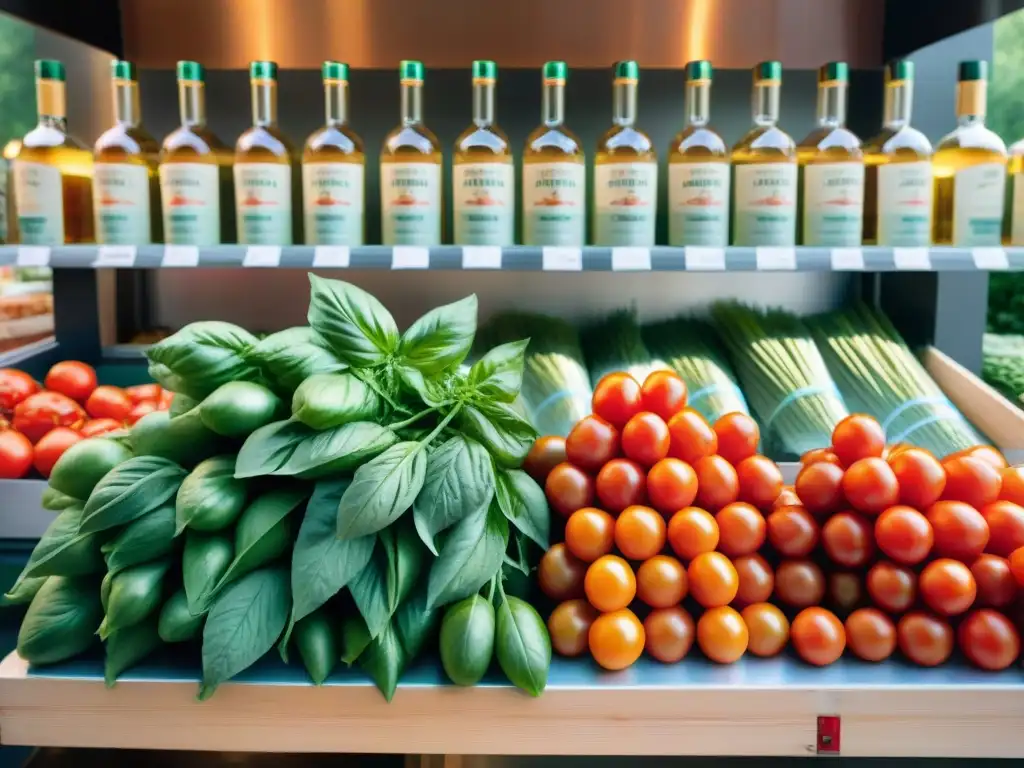 Un bullicioso mercado italiano con coloridos puestos de tomates, albahaca, ajo y pasta, junto a vodka, eneldo, crema agria y salmón ahumado