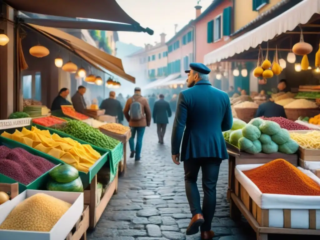 El bullicioso mercado italiano rezuma la esencia culinaria local con productos frescos y coloridos, influencia crítica en la cocina