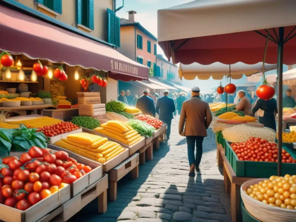 Un bullicioso mercado italiano con influencia del Nuevo Mundo, resaltando tomates rojos y maíz dorado entre vendedores y clientes