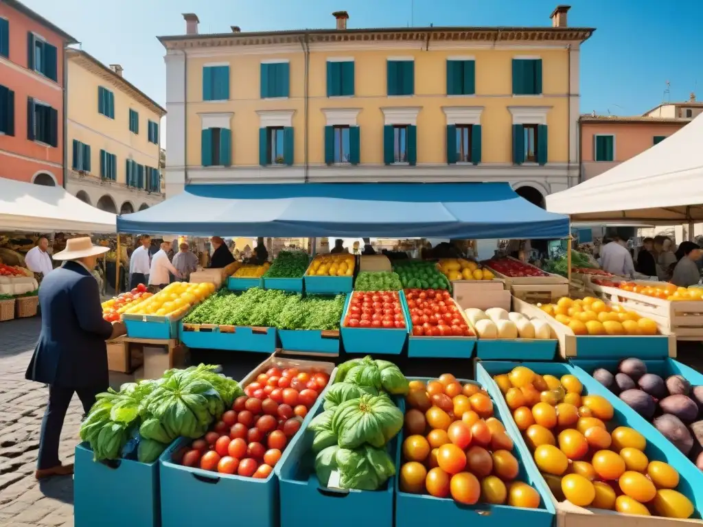 Un bullicioso mercado italiano con ingredientes frescos y coloridos