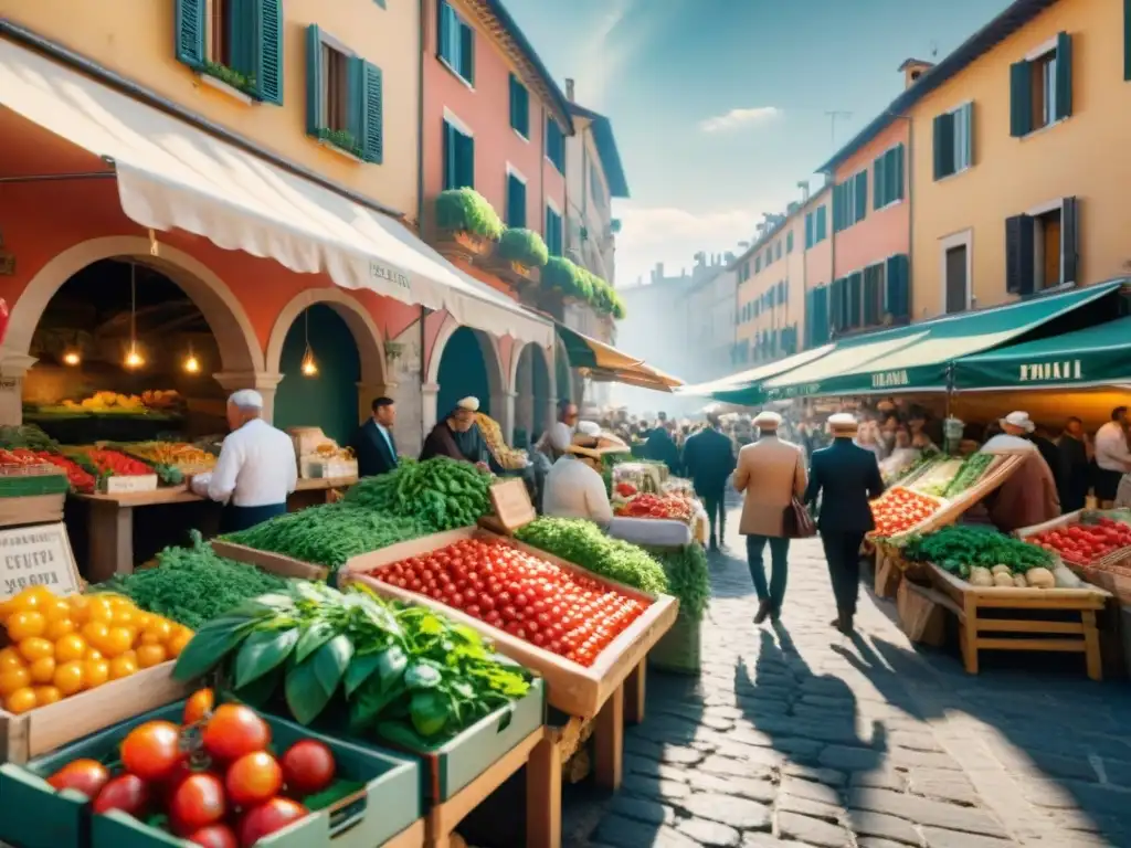 Un bullicioso mercado italiano con ingredientes frescos para cursos de cocina